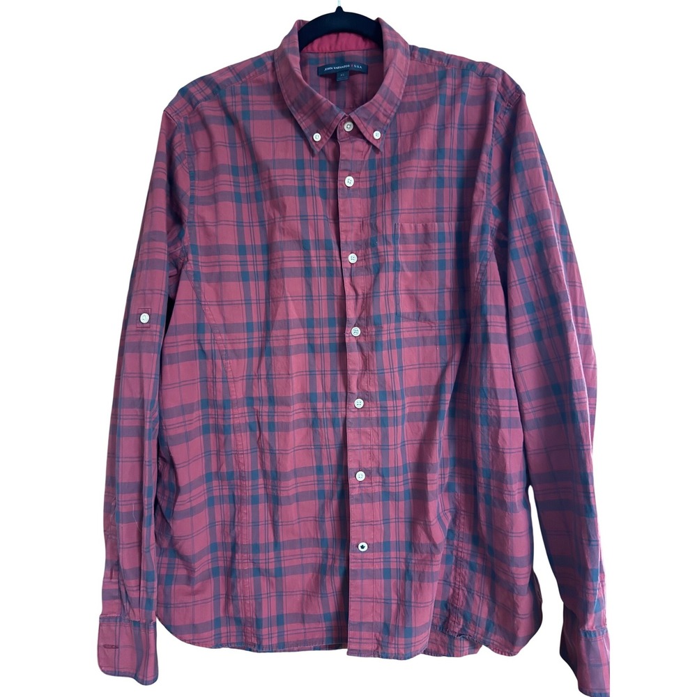 John Varvatos USA Mens XL Red Navy Plaid Button Down Shirt Cotton